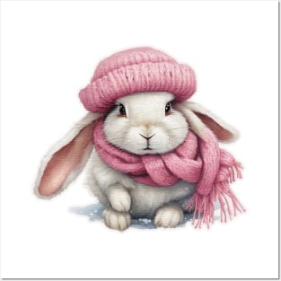 Adorable cute rabbit wearing a pink hat and scarf Posters and Art